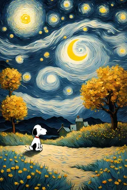 Sad Snoopy thinking about life in starrynight by Van Gogh