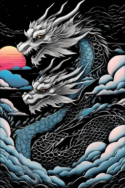 a silver dragon on a black background with a sunrise in the background, a silk screen by Sōami, reddit contest spring, synchromism, anime aesthetic, sky background, vaporwave