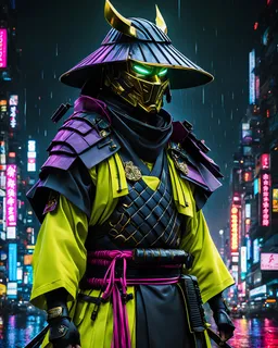 samurai man, masterpiece, best quality, half body, portrait, night city, anime, 3D, Korea, pixar, realistic, robo samurai, harajuku fashion style, mask with neon lights, rain coat, beautiful, colorful, neon lights, cyberpunk, illustration, by Stanley artgerm lau, sideways glance, foreshortening, extremely detailed 8K, smooth, high resolution, ultra quality, highly details, glare, side view,