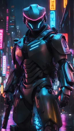 neon robot cop, masterpiece, best quality, half body, portrait, night city, anime, 3D, Korea, pixar, realistic, robo cop, harajuku fashion style, rain coat, beautiful, colourful, neon lights, cyberpunk, illustration, by stanley artgerm lau, sideways glance, foreshortening, extremely detailed 8K, smooth, high resolution, ultra quality, highly details, glare, side view,