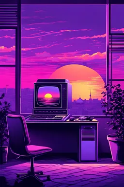 computer back from viewers perspective in a perfect moment looking at the sunset of a berlin, the sunset is 70`s. New retro wave type artstyle, a lot of purple and vibrant colors