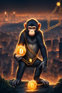 monkey with glowing Bitcoin chain in distopian city background