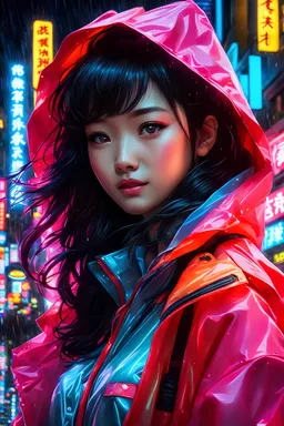 neon Chinese teen, best quality, half body, portrait, night city, 1girl, anime, 3D, Japan, pixar, realistic, teen girl, smiling, cute face, harajuku fashion style, rain coat, beautiful, colourful, neon lights, cyberpunk, smooth skin, illustration, by stanley artgerm lau, sideways glance, foreshortening, extremely detailed 8K, smooth, high resolution, ultra quality, highly detail eyes, highly detail mouth, highly detailed face, perfect eyes, both eyes are the same, glare, model