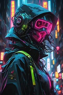 mask, neon, robot, masterpiece, best quality, half body, portrait, night city, anime, 3D, Korea, pixar, realistic, robo cop, harajuku fashion style, rain coat, beautiful, colourful, neon lights, cyberpunk, illustration, by stanley artgerm lau, sideways glance, foreshortening, extremely detailed 8K, smooth, high resolution, ultra quality, highly details, glare, side view,