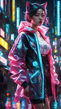 kitty wen, masterpiece emblem with "IO", energy, force , best quality, half body, portrait, night city, anime, 3D, Korea, pixar, realistic, robo cop, harajuku fashion style, crystal rain coat, beautiful, colourful, neon lights, cyberpunk, illustration, by stanley artgerm lau, sideways glance, foreshortening, extremely detailed 8K, smooth, high resolution, ultra quality, highly details, glare, side view,