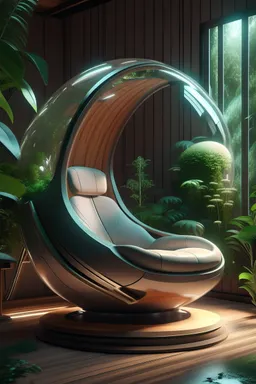 futuristic sci-fi pod chair, Flat Design, Product-View, editorial photography, transparent orb, product photography, natural lighting, plants, natural daytime lighting, zbrush, 8k, natural wooden environment