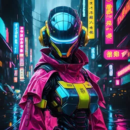 neon robotic inoshishi, fully masked, masterpiece, best quality, half body, portrait, night city, anime, 3D, Korean, pixar, realistic, robo cop, harajuku fashion style, rain coat, beautiful, colourful, neon lights, cyberpunk, illustration, by stanley artgerm lau, sideways glance, foreshortening, extremely detailed 8K, smooth, high resolution, ultra quality, highly details, glare, side view,