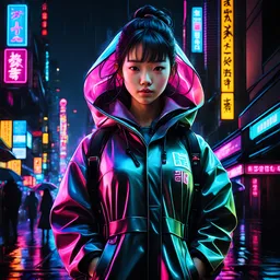 neon Chinese teen, masterpiece, best quality, half body, portrait, night city, 1girl, anime, 3D, Korea, pixar, realistic, teen girl, smiling, cute face, harajuku fashion style, rain coat, beautiful, colourful, neon lights, cyberpunk, smooth skin, illustration, by stanley artgerm lau, sideways glance, foreshortening, extremely detailed 8K, smooth, high resolution, ultra quality, highly detail eyes, highly detail mouth, highly detailed face, perfect eyes, both eyes are the same, glare, Iridescent