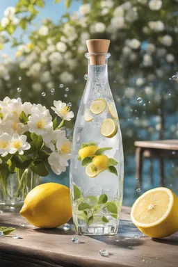 Nestled on a sunlit wooden table, a clear bottle, adorned with droplets of condensation, sits against a backdrop of blooming flowers, capturing the essence of a refreshing blend of water infused with vibrant lemon, creating a picturesque scene that invites you to savor the invigorating burst of nature's flavors.