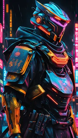 neon robot samurai, masterpiece, best quality, half body, portrait, night city, anime, 3D, Korea, pixar, realistic, robo cop, harajuku fashion style, rain coat, beautiful, colourful, neon lights, cyberpunk, illustration, by stanley artgerm lau, sideways glance, foreshortening, extremely detailed 8K, smooth, high resolution, ultra quality, highly details, glare, side view,