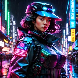 neon robot cop, masterpiece, best quality, half body, portrait, night city, anime, 3D, Korea, pixar, realistic, robo cop, harajuku fashion style, rain coat, beautiful, colourful, neon lights, cyberpunk, illustration, by stanley artgerm lau, sideways glance, foreshortening, extremely detailed 8K, smooth, high resolution, ultra quality, highly details, glare, side view,