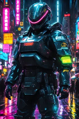 neon robot cop, masterpiece, best quality, half body, portrait, night city, anime, 3D, Korea, pixar, realistic, robo cop, harajuku fashion style, rain coat, beautiful, colourful, neon lights, cyberpunk, illustration, by stanley artgerm lau, sideways glance, foreshortening, extremely detailed 8K, smooth, high resolution, ultra quality, highly details, glare, side view, wide portrait posture