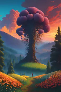 with giant flower, field of flowers hills, big trees, dramatic sunrise light, impressionist painting, colorful clouds, digital painting, pointillism, artistic station, simon stalenhag