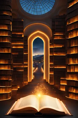 Transport viewers into the realm of storytelling with an evocative image of an open book, its pages illuminated by a warm, inviting glow