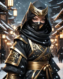 8k wallpaper of a mysterious beautiful masked kunoichi ninja wearing eyeliner and gold jewelry in the streets of a dark snowy town in moscow, by artgerm, beautiful intricate detail, trending on artstation, 8k, ((fluid motion)), stunning shading, by wlop, perfect eyes