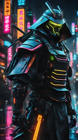 neon robot samurai, masterpiece, best quality, half body, portrait, night city, anime, 3D, Japan, pixar, realistic, robo cop, harajuku fashion style, rain coat, beautiful, colourful, neon lights, cyberpunk, illustration, by stanley artgerm lau, sideways glance, foreshortening, extremely detailed 8K, smooth, high resolution, ultra quality, highly details, glare, side view,