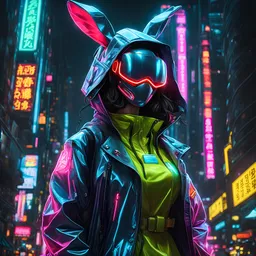 neon robotic bunny, fully masked, masterpiece, best quality, half body, portrait, night city, anime, 3D, Korean, pixar, realistic, robo cop, harajuku fashion style, rain coat, beautiful, colourful, neon lights, cyberpunk, illustration, by stanley artgerm lau, sideways glance, foreshortening, extremely detailed 8K, smooth, high resolution, ultra quality, highly details, glare, side view,