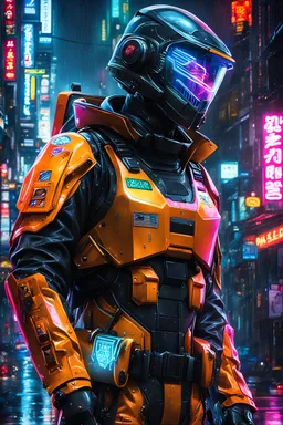 neon robot cop, masterpiece, best quality, only half body, portrait, night city, anime, 3D, Korea, pixar, realistic, robo cop, harajuku fashion style, rain coat, beautiful, colourful, neon lights, cyberpunk, illustration, by stanley artgerm lau, sideways glance, foreshortening, extremely detailed 8K, smooth, high resolution, ultra quality, highly details, glare, side view, wide portrait posture