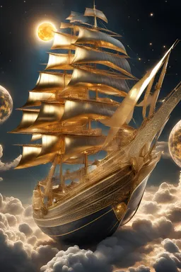 in a breathtaking scene, a resplendently majestic solar sailer glides through a tranquil sky. by alex1shved It is a vibrant and opulent vessel, adorned with glistening golden accents and intricate celestial motifs. The image, a digitally enhanced photograph, captures the sailer in impeccable detail, showcasing its sleek contours and shimmering solar panels. Each intricate brushstroke brings out the vessel's magnificence, its regal presence commanding attention. The viewer is transported into a