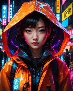 neon Chinese teen, masterpiece, best quality, half body, portrait, night city, 1girl, anime, 3D, Japan, pixar, realistic, teen girl, smiling, cute face, harajuku fashion style, rain coat, beautiful, colourful, neon lights, cyberpunk, smooth skin, illustration, by stanley artgerm lau, sideways glance, foreshortening, extremely detailed 8K, smooth, high resolution, ultra quality, highly detail eyes, highly detail mouth, highly detailed face, perfect eyes, both eyes are the same, glare, Iridescent