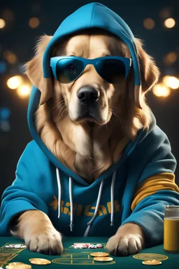 Portrait of golden retriever with a blue hoodie while having hood on head and dark glasses on looking at monitors with crypto trading and holding poker cards,hyperrealistic 4k