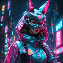 neon robotic usagi, fully masked, masterpiece, best quality, half body, portrait, night city, anime, 3D, Korean, pixar, realistic, robo cop, harajuku fashion style, rain coat, beautiful, colourful, neon lights, cyberpunk, illustration, by stanley artgerm lau, sideways glance, foreshortening, extremely detailed 8K, smooth, high resolution, ultra quality, highly details, glare, side view,