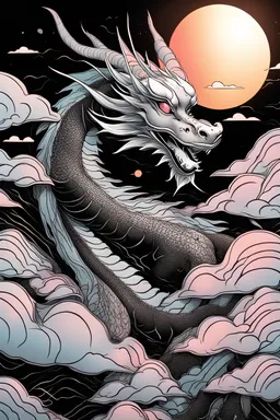 a silver dragon on a black background with a sunrise in the background, a silk screen by Sōami, reddit contest spring, synchromism, anime aesthetic, sky background, vaporwave