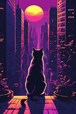 cat back from viewers perspective in a perfect moment looking at the sunset of a Manhattanhenge, the sunset is 80`s. New retro wave type artstyle, a lot of purple and vibrant colors