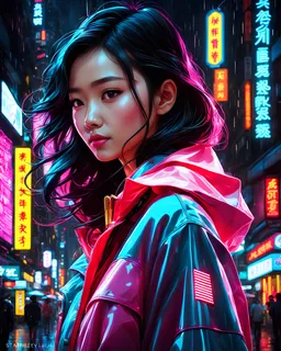 neon Chinese teen, masterpiece, best quality, half body, portrait, night city, 1girl, anime, 3D, Korea, pixar, realistic, teen girl, smiling, cute face, harajuku fashion style, rain coat, beautiful, colourful, neon lights, cyberpunk, smooth skin, illustration, by stanley artgerm lau, sideways glance, foreshortening, extremely detailed 8K, smooth, high resolution, ultra quality, highly detail eyes, highly detail mouth, highly detailed face, perfect eyes, both eyes are the same, glare, short hair