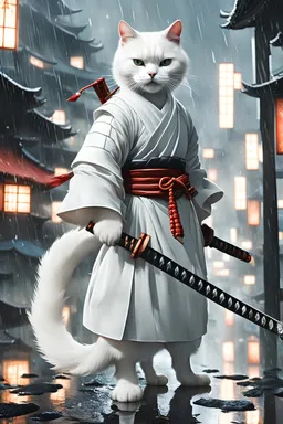 White cat samurai on rainy city background