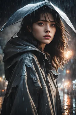 Masterpiece, 16 - year - old beautiful girl and monster, pearl - like eyes, extremely delicate facial depiction, heavy rain, medium shot, exaggerated perspective, poster, androgyny, fashion, dramatic lighting, strong tones, distortion style, wet clothes, 32k UHD