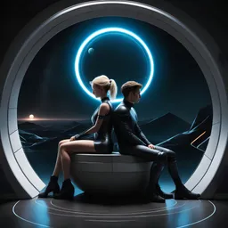 A realistic very dark photo from the back of the shadow of a brunette 18-year-old boy and an 18-year-old blonde girl sitting together on the floor of a very dark futuristic room, wearing sci-fi tight suits, the girl's head rests on the boy's shoulder. In the background, of a round window with views of a far planet earth from space, hyperrealistic, hyperdetailed, 8k