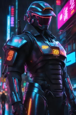 neon robot cop, masterpiece, best quality, half body, portrait, night city, anime, 3D, Korea, pixar, realistic, robo cop, harajuku fashion style, rain coat, beautiful, colourful, neon lights, cyberpunk, illustration, by stanley artgerm lau, sideways glance, foreshortening, extremely detailed 8K, smooth, high resolution, ultra quality, highly details, glare, side view,