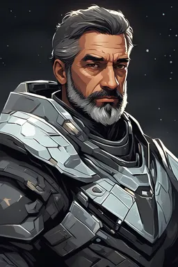 Portrait of a space knight, he is a very handsome man in his mid 40's, he has dark gray hair and beard, and looks mysterious and hopeful. Make the art pixelated and retro-futuristic.