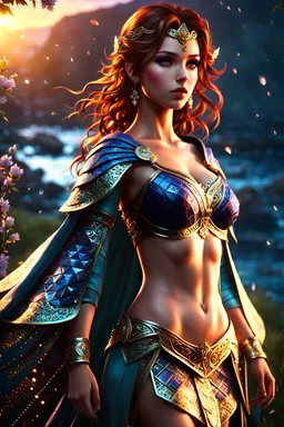 ((masterpiece)), ((best quality)), extremely detailed cg 8k wallpaper, bright colors, Dramatic light, photoreal full body fantasy art game art (wide-angle lens, Panoramic:1.2), beautiful face, 1girl, dynamic angle, casting pose, (freckles:0.8), navel, dusk lighting, (cold attitude, eyeshadow, eyeliner:), (Persian:Romanian:1 6, iraqi:1.5), beautiful girl, model girl, 21 years old, attractive grin, smokey eye shadow, high detail, rim lighting, magical, shallow depth of field, photography, neo noir