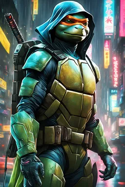 ninja turtle, neon robot cop, masterpiece, best quality, half body, portrait, night city, anime, 3D, Korea, pixar, realistic, robo cop, harajuku fashion style, rain coat, beautiful, colourful, neon lights, cyberpunk, illustration, by stanley artgerm lau, sideways glance, foreshortening, extremely detailed 8K, smooth, high resolution, ultra quality, highly details, glare, side view,