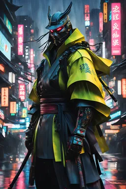 samurai man, masterpiece, best quality, half body, portrait, night city, anime, 3D, Korea, pixar, realistic, robo samurai, harajuku fashion style, mask with neon lights, rain coat, beautiful, colorful, neon lights, cyberpunk, illustration, by Stanley artgerm lau, sideways glance, foreshortening, extremely detailed 8K, smooth, high resolution, ultra quality, highly details, glare, side view,