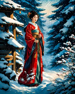 8k, best quality, masterpiece, ultra highres:1.2, Photo of Pretty Japanese woman in the (style of paul rubens and rebecca guay:1.1) (melancholy winter snow:1.4)