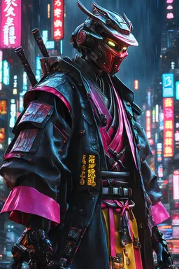 robo samurai, masterpiece, best quality, half body, portrait, night city, anime, 3D, Korea, pixar, realistic, harajuku fashion style, mask with neon lights, rain coat, beautiful, colorful, neon lights, cyberpunk, illustration, sideways glance, foreshortening, extremely detailed 8K, smooth, high resolution, ultra quality, highly details, glare