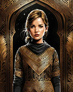 Stunning illustration of Ellie from The Last of Us, in a stunning, intricate black and gold outfit in the western sahara, intricate details, detailed environment, 8k