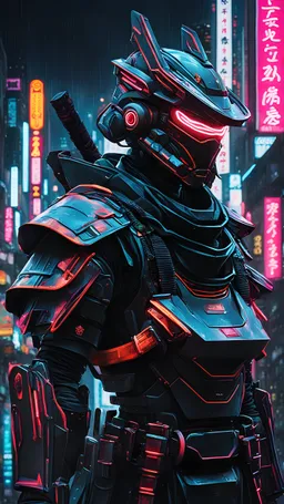 neon robot samurai, masterpiece, best quality, half body, portrait, night city, anime, 3D, Korea, pixar, realistic, robo cop, harajuku fashion style, rain coat, beautiful, colourful, neon lights, cyberpunk, illustration, by stanley artgerm lau, sideways glance, foreshortening, extremely detailed 8K, smooth, high resolution, ultra quality, highly details, glare, side view,blue