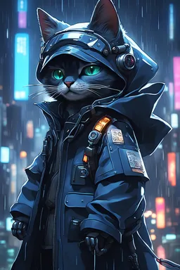 dark blue cat robot , masterpiece, best quality, half body, portrait, night city, anime, 3D, China, pixar, realistic, robo cop, rain coat, beautiful, colourful, dark blue lights, cyberpunk, illustration, sideways glance, foreshortening, extremely detailed 8K, smooth, high resolution, ultra quality, highly details, glare, side view , black dark blue color