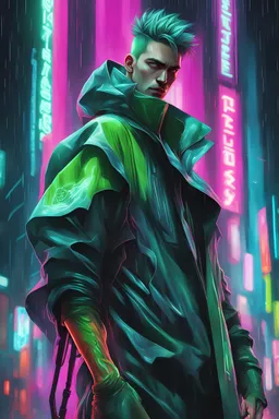 neon future man , masterpiece, best quality, half body, green hair, stormy night, 1man, anime, 3D, Russia, pixar, futuristic, young man, sharp eyes, strong face, harajuku fashion style, rain coat, strong, colourful, neon lights, cyberpunk, smooth skin, illustration, by stanley artgerm lau, sideways glance, foreshortening, extremely detailed 8K, smooth, high resolution, ultra quality, highly detail eyes, highly detail mouth, highly detailed face, perfect eyes, both eyes are the same, glare, Iride