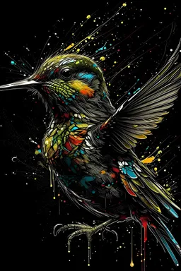 ((a hummingbird)), Hyperdetailed Eyes, Tee-Shirt Design, Line Art, Black Background, Ultra Detailed Artistic, Detailed Gorgeous Face, Natural Skin, Water Splash, Colour Splash Art, Fire and Ice, Splatter, Black Ink, Liquid Melting, Dreamy, Glowing, Glamour, Glimmer, Shadows, Oil On Canvas, Brush Strokes, Smooth, Ultra High Definition, 8k, Unreal Engine 5, Ultra Sharp Focus, Intricate Artwork Masterpiece, Ominous, Golden Ratio, Highly Detailed, Vibrant, Production Cinematic Character Render, Ultr