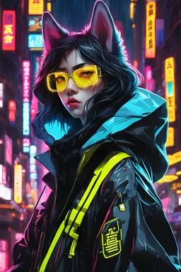 husky ,yellow neon glasses,masterpiece, best quality, portrait, night city, anime, 3D, Korea, pixar, realistic, robo samurai, harajuku fashion style, mask with neon lights,punk style rain coat, beautiful, colorful, neon lights, cyberpunk, illustration, by Stanley artgerm lau, sideways glance, foreshortening, extremely detailed 8K, smooth, high resolution, ultra quality, highly details, glare, side view,