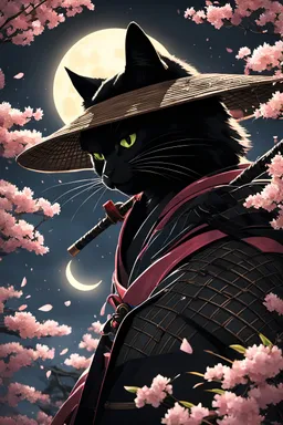 black cat samurai, masterpiece, best quality, half body, night with full moon, pixar style, samurai, straw hat, cherry blossom petals, beautiful, colorful, illustration, by NaokiSaito, sideways glance, foreshortening, smooth, high resolution, ultra quality, highly details, glare, side view,