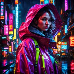 neon Russian woman, masterpiece, best quality, half body, portrait, night city, 1girl, 3D, pixar, realistic, teen girl, smiling, cute face, harajuku fashion style, rain coat, beautiful, colourful, neon lights, cyberpunk, smooth skin, illustration, sideways glance, foreshortening, extremely detailed 8K, smooth, high resolution, ultra quality, highly detail eyes, highly detail mouth, highly detailed face, perfect eyes, both eyes are the same, glare, Iridescent