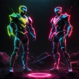 2 neon characters last men standing in a battle, dramatic, 8k best quality, high quality, 16k