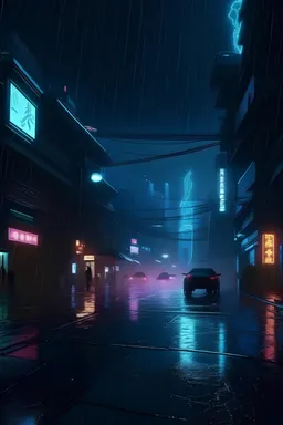 full of neon light,black,futuristic city,stormy night,future,raining hard,4k,high details,thunder light