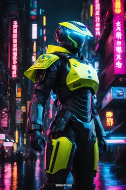 neon robot cop, masterpiece, best quality, half body, portrait, night city, anime, 3D, Korea, pixar, realistic, robo cop, harajuku fashion style, rain coat, beautiful, colourful, neon lights, cyberpunk, illustration, by stanley artgerm lau, sideways glance, foreshortening, extremely detailed 8K, smooth, high resolution, ultra quality, highly details, glare, side view,